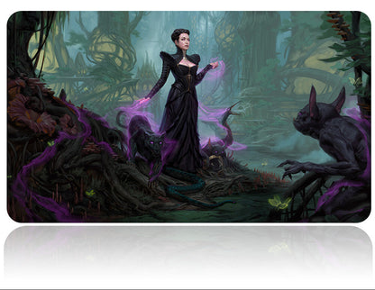Futuristic sword with a fantasy-themed pouch featuring a woman and creature in a mystical forest setting.