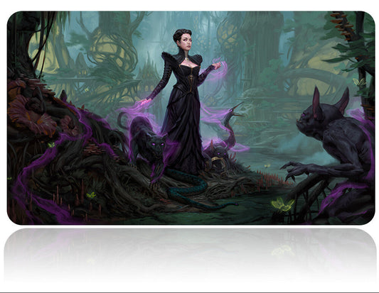 Futuristic sword with a fantasy-themed pouch featuring a woman and creature in a mystical forest setting.