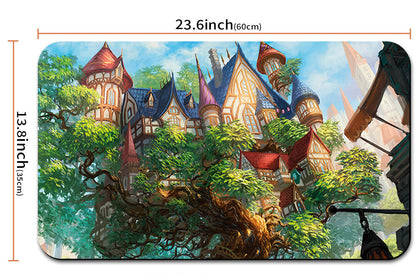 Mouse pad with fantasy village design and measurements
