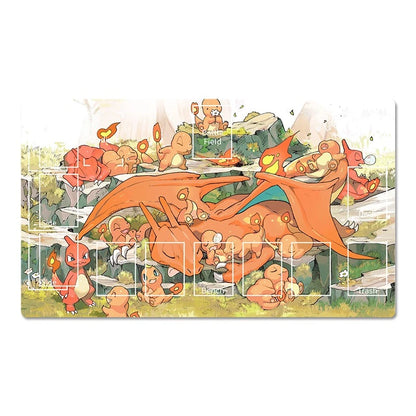 A rectangular printed mat or playmat featuring a colorful illustrated scene with multiple Pokémon characters, including Charmander,小火龙, and a large orange dragon-like creature, shown on a plain white background.