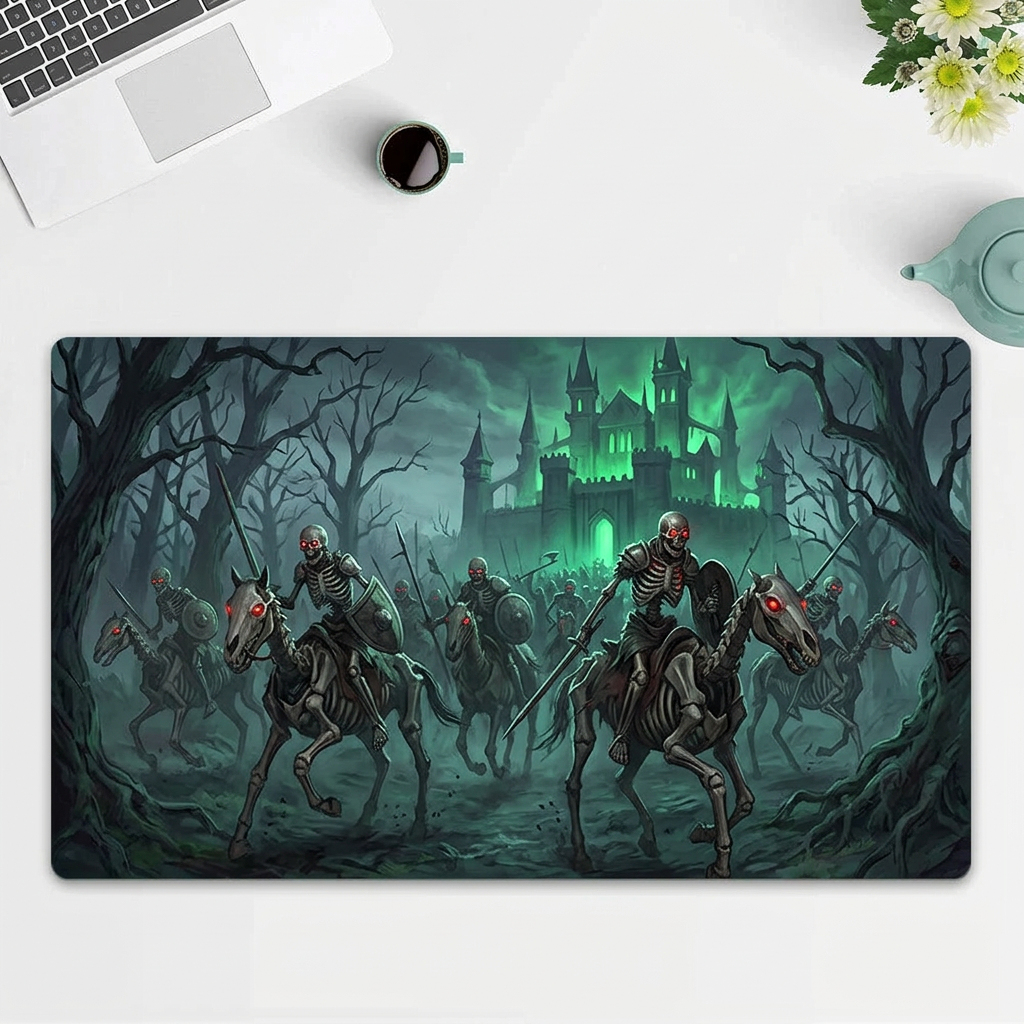A rectangular desk mat with a dark fantasy illustration of skeleton knights on skeletal horses charging toward a glowing green castle in a misty forest. The mat is displayed on a white desk with a laptop corner, a coffee cup, and flowers visible around it.