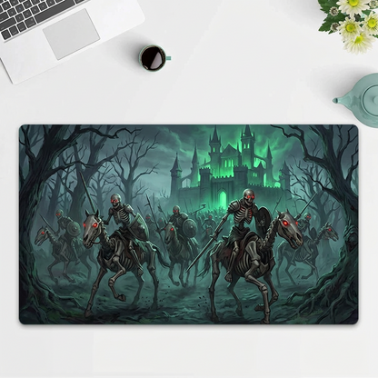 A rectangular desk mat with a dark fantasy illustration of skeleton knights on skeletal horses charging toward a glowing green castle in a misty forest. The mat is displayed on a white desk with a laptop corner, a coffee cup, and flowers visible around it.