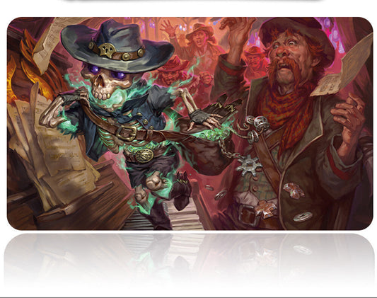 Mouse pad with a cowboy and skeleton design, featuring a gun and bottle.