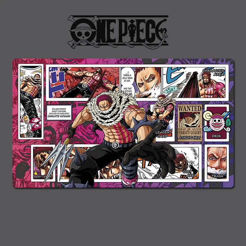 One Piece character with various cards and graphics on a dark background