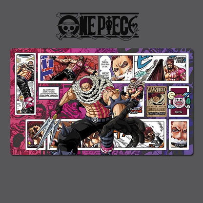 One Piece character with various cards and graphics on a dark background