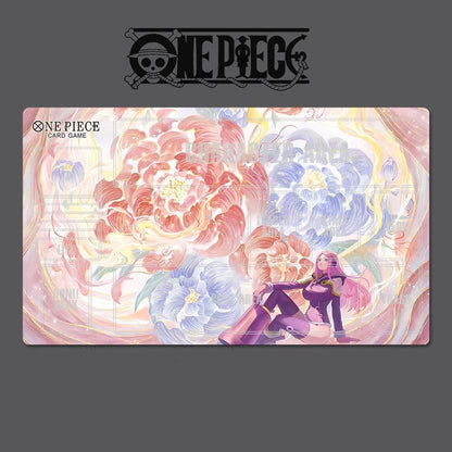One Piece card game playmat with colorful design and character illustration on a dark background