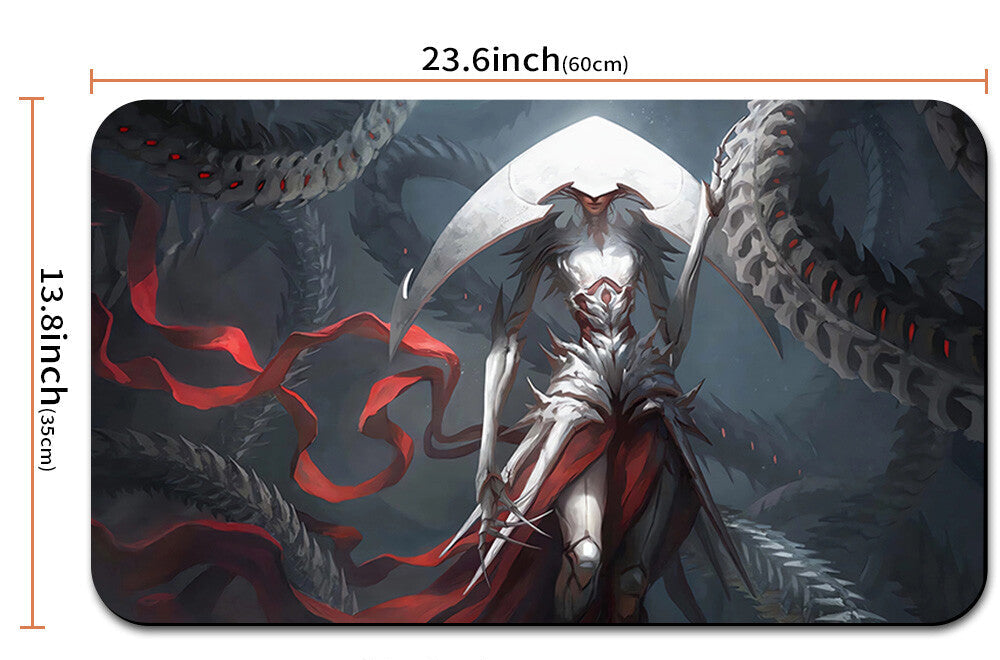 Mouse pad with fantasy design and measurements, including a drawstring bag.