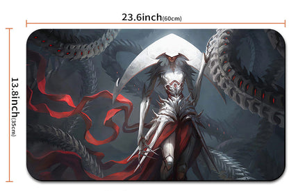 Mouse pad with fantasy design and measurements, including a drawstring bag.