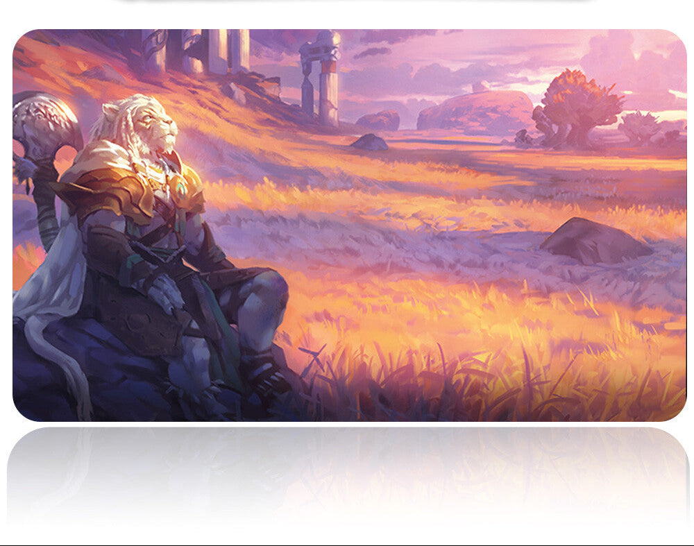 Mouse pad with an illustration of a character sitting in a scenic landscape, with a pen holder on top.
