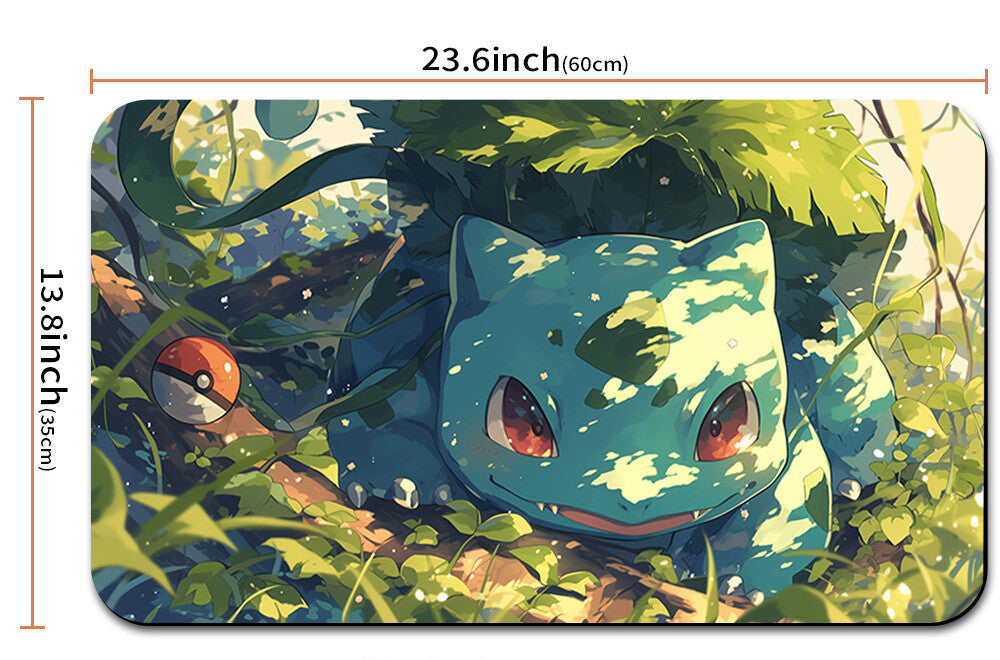 Illustration of a blue creature with red eyes on a green leafy background, with measurements indicated.