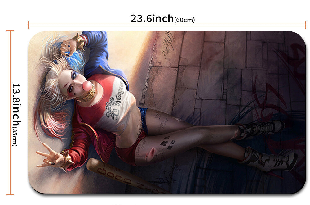 Mouse pad with character design and measurements, including a pouch.