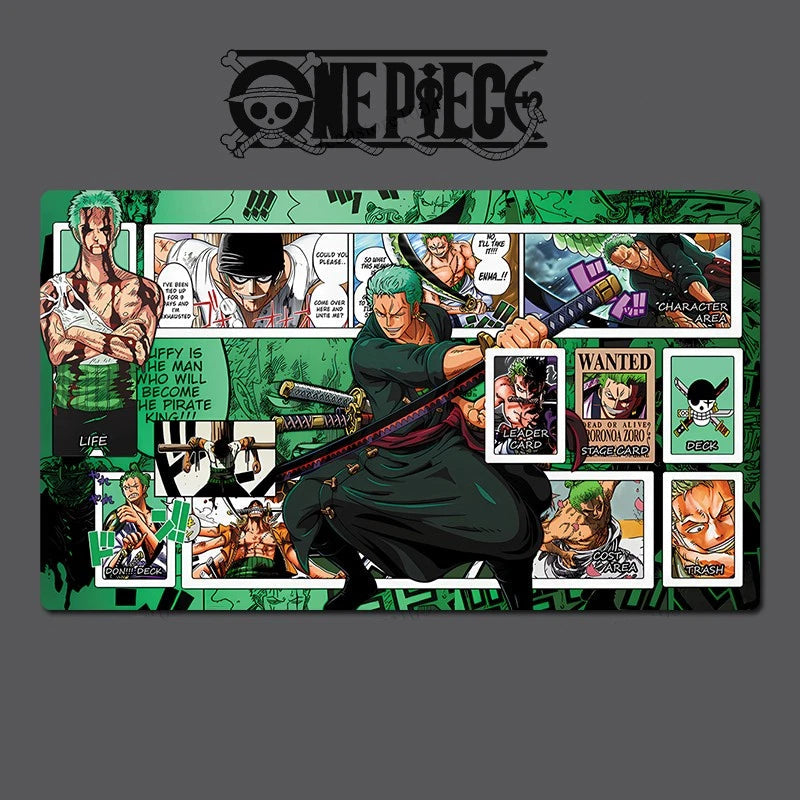 One Piece-themed mouse pad with character illustrations and text on a dark background