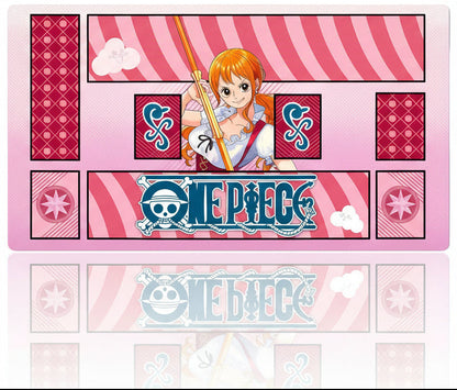 Character from 'One Piece' on a pink background with decorative elements